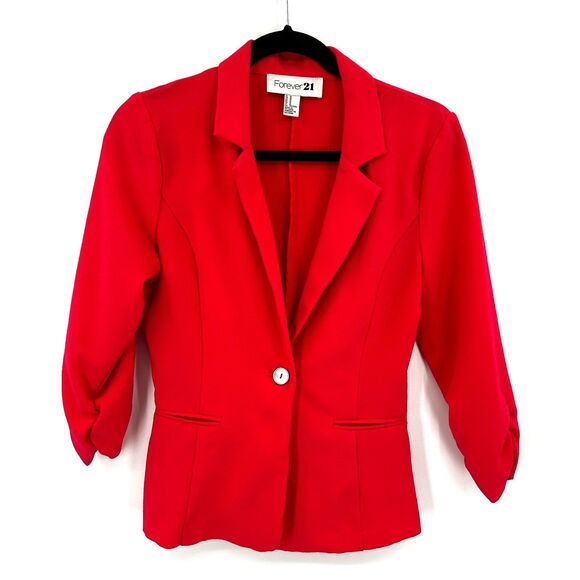 FOREVER 21 Salmon Pink 3/4 Ruched Sleeve Single Button Blazer Jacket Size Medium - Picture 1 of 5